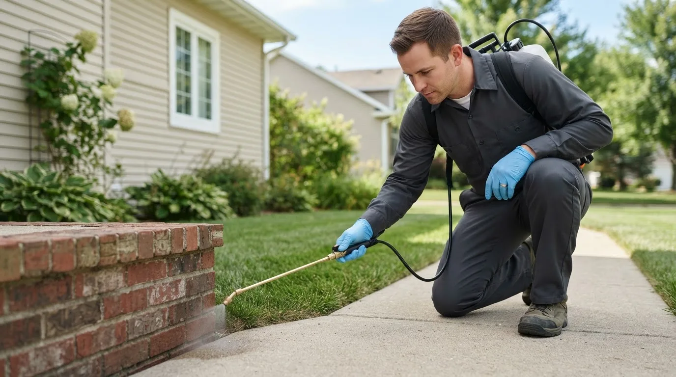 Pest control technician treating a home near Cunningham, TX