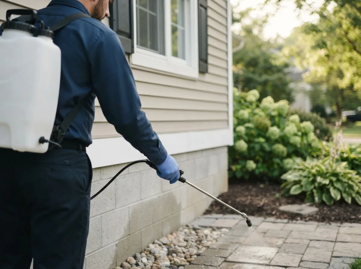 Pest control technician inspecting a home in Cunningham, TX